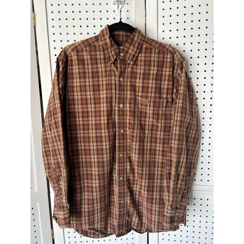 Men's Small Carhartt Plaid Button Down 100% Cotton Shirt Brown Orange Long SLV